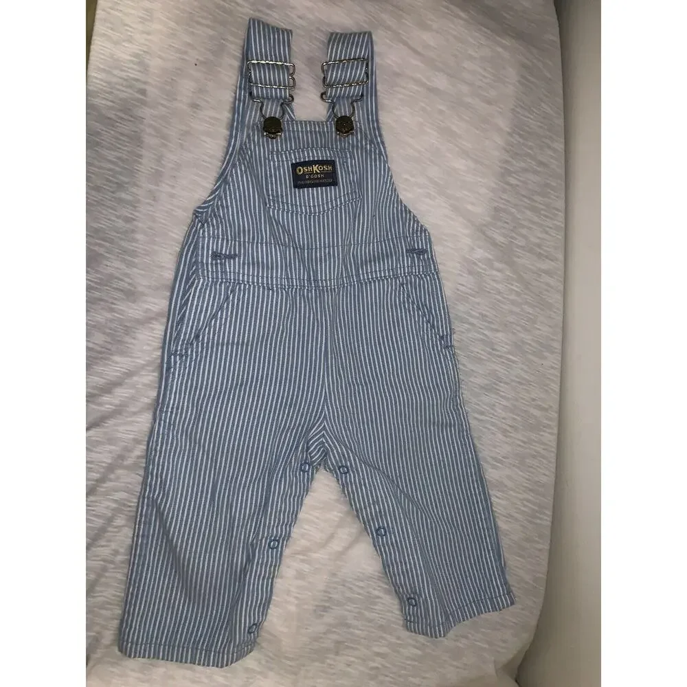 Oshkosh Bigosh VINTAGE Striped Overalls Size 12 Months Denim Vestbak Made In USA - Picture 1 of 7
